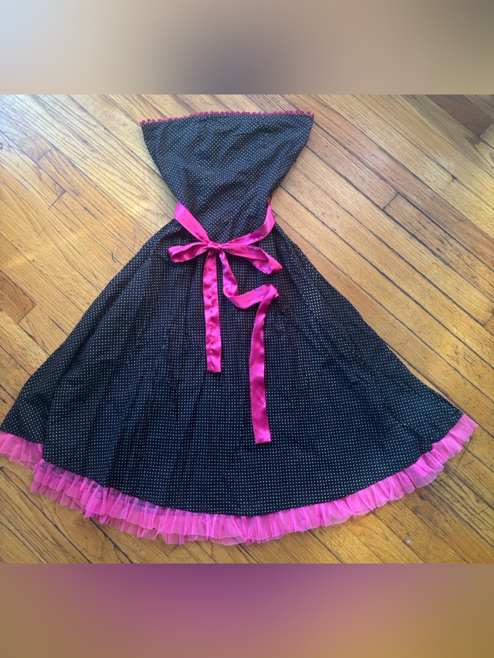 Retro Black Polka Dot Strapless Dress with Hot Pink Sash